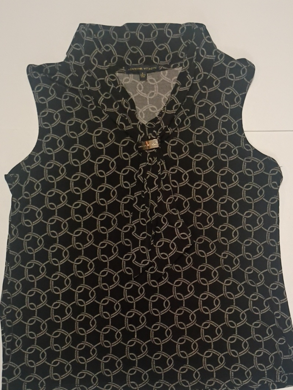 Adrienne Vittadini Black Chain-Print Sleeveless Tie-Neck Top Office